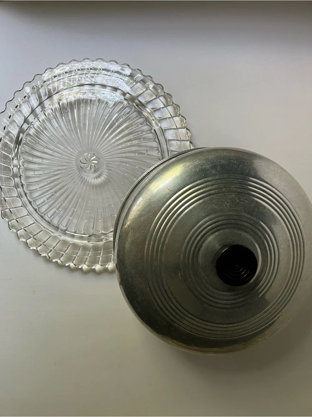 Vintage 40’s-50’s Clear Glass Footed  Cake Plate with Aluminum Metal Dome Cover